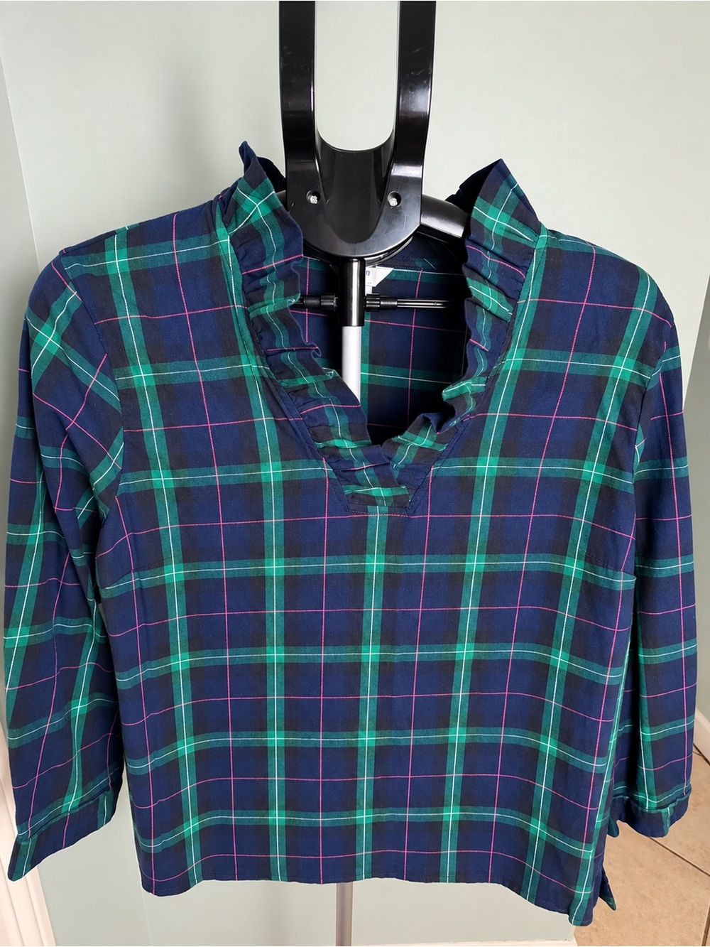 crown & ivy Navy, Green and Pink Plaid Ruffle V-Neck Tunic